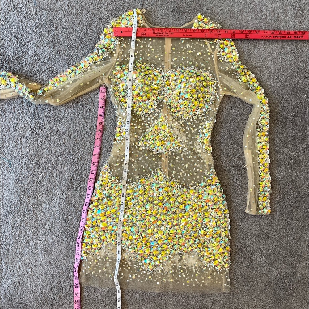 JOVANI 8 long sleeve shirt cocktail dress sheer mesh Crystal sequin NYE dress